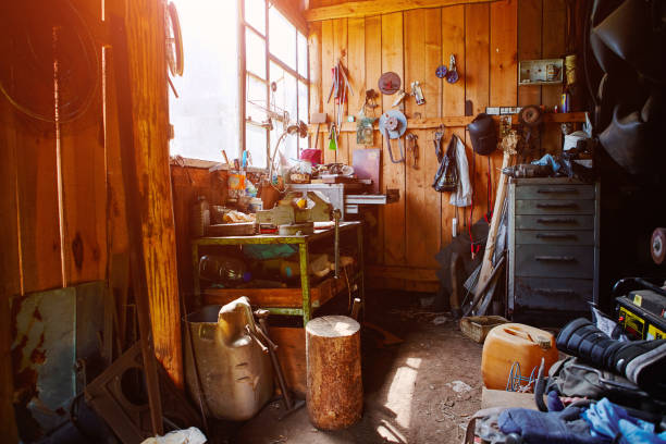 Workshop, shed, garage or storage room with tools for repair, chores, spare parts from various equipment