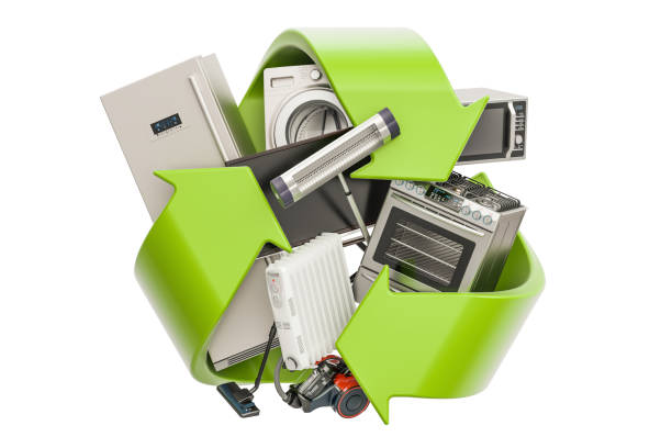 Green recycle symbol with household appliances, 3D rendering